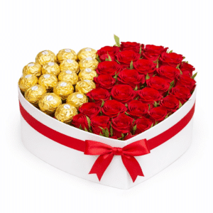 מארז לב ורדים + פררו רושה