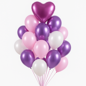 זר של 15 בלונים בגווני ורוד, סגול ולבן