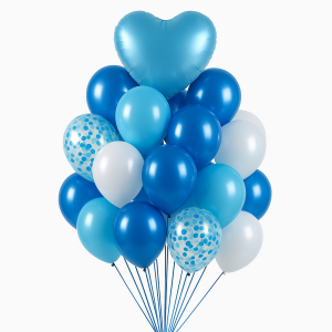זר של 15 בלונים בגווני כחול, תכלת ולבן