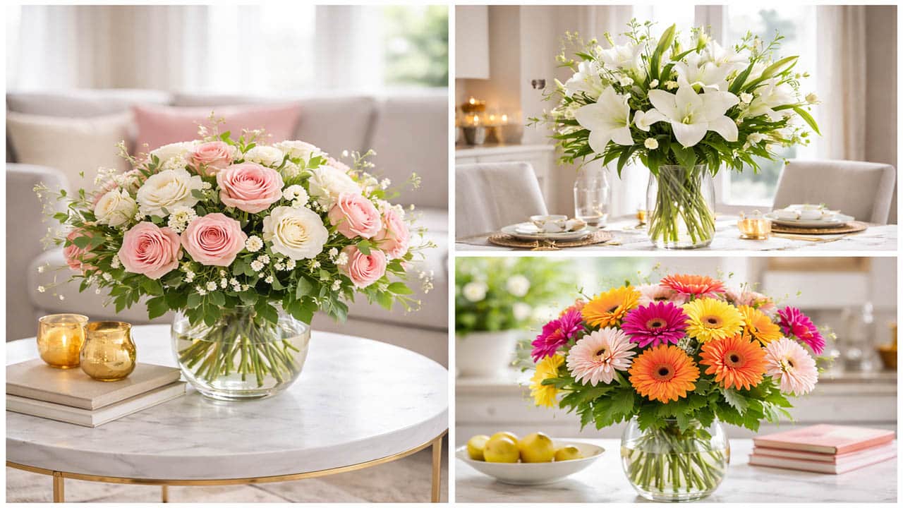 סידור פרחים אלגנטי לבית חדש