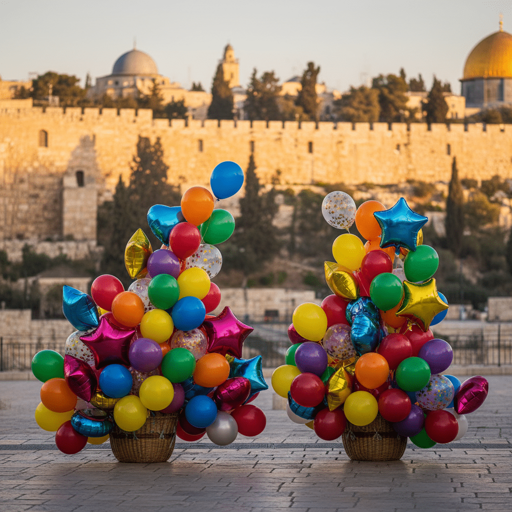 סידור בלונים חגיגי וצבעוני על רקע נוף ירושלמי עם חומות העיר העתיקה ברקע.